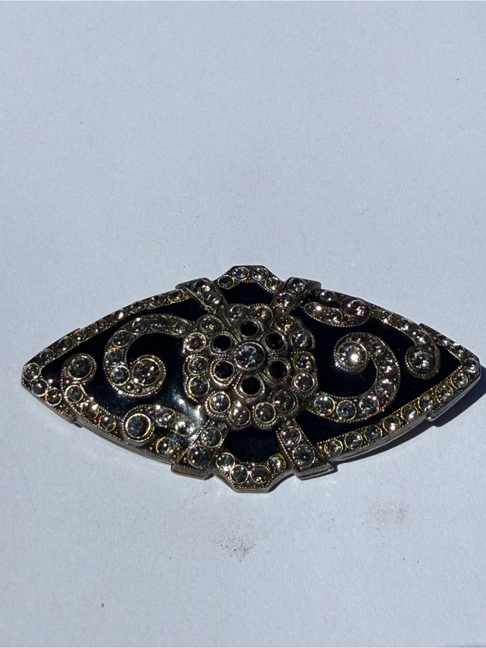 Vintage Pot Metal Black and Silver Crystal Brooch